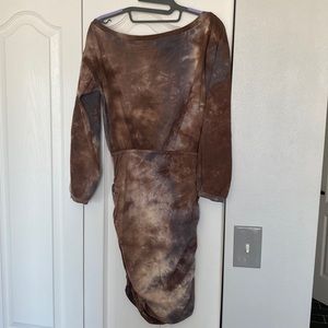 Tye dye dress, brown, gray and tan colors. Can be worn off the shoulder
